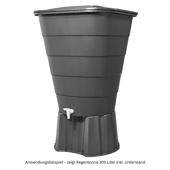 Garantia Regentonnensockel - Passend für: Garantia Regentonne 210 Liter rund, Regentonne 203 + 300 Liter eckig in Anthrazit - Dunkelgraue 300-Liter-Regentonne mit Deckel, weißem Hahn und passendem Unterstand.