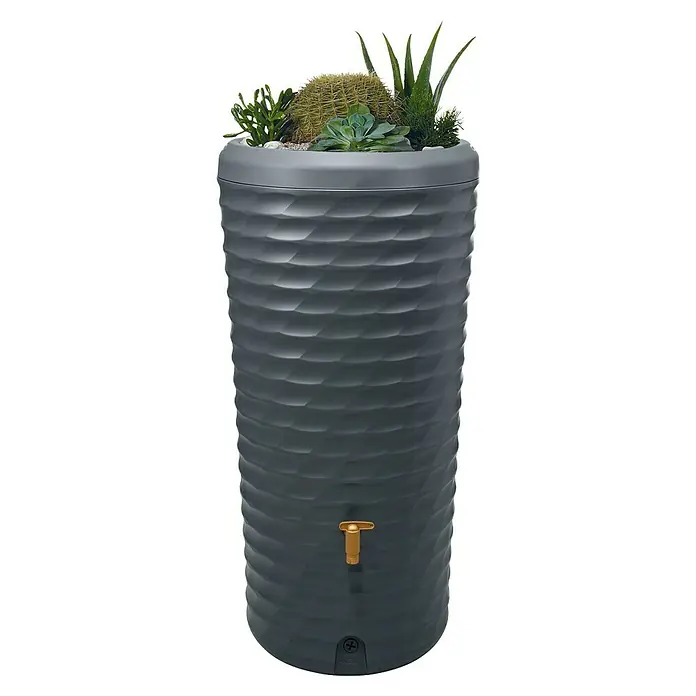 4rain Regenspeicher Jolie - 230 l, Graphitgrau, 1 Stk. - Nahaufnahme einer stilvollen, grauen Regentonne mit Pflanzen bepflanzt, die eine moderne und nachhaltige Gartenbewässerungslösung bietet.