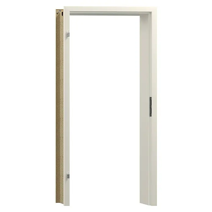 GetaDoor Laminit Türzarge GL 223 - 735 x 1.985 mm, Wandstärke: 330 mm, DIN Anschlag: Links, Weiß seidenmatt - Das Bild zeigt einen weißen Innentürrahmen mit verdeckten Befestigungen, ideal für moderne Wohnräume.