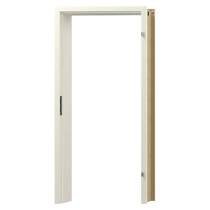 GetaDoor Laminit Türzarge GL 223 - 735 x 1.985 mm, Wandstärke: 310 mm, DIN Anschlag: Rechts, Weiß seidenmatt - Ein freistehender weißer Türrahmen mit freiliegendem inneren Holzrahmen und Griff.