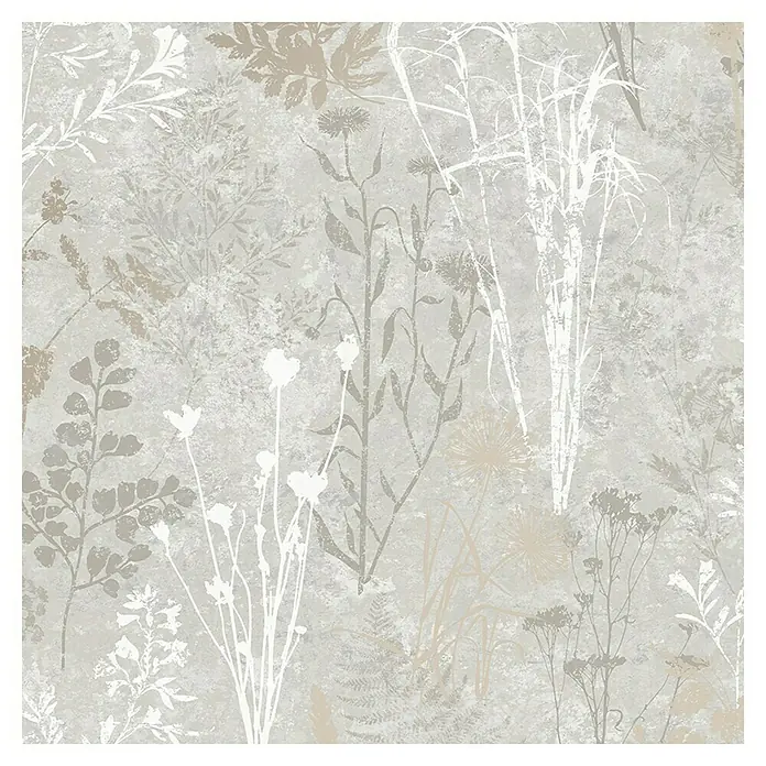 Papel pintado Vegetal Hojas - Gris/Plateado, 10 x 0,53 m - Elegante papel pintado con un sutil estampado de plantas en suaves tonos grises y beige, creando un ambiente tranquilo y natural.