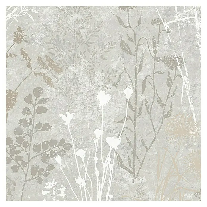 Papel pintado Vegetal Hojas - Gris/Plateado, 10 x 0,53 m - Papel pintado floral delicado en tonos neutros. Diseño elegante con motivos de plantas blancos, beige y grises sobre un fondo texturizado para un ambiente tranquilo.