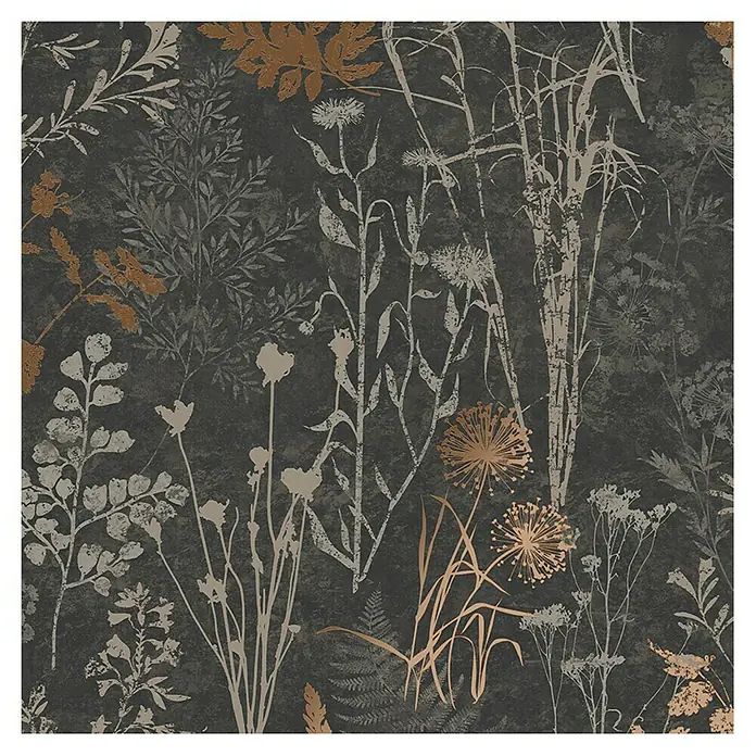 Papel pintado Vegetal Hojas - Negro/Naranja, 10 x 0,53 m - Papel pintado decorativo con un patrón floral en tonos grises, beige y bronce, ideal para un diseño interior elegante.