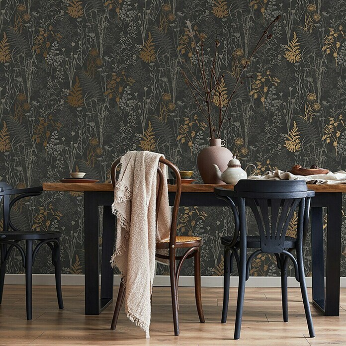 Papel pintado Vegetal Hojas (Negro/Naranja, 10 x 0,53 m) | BAUHAUS