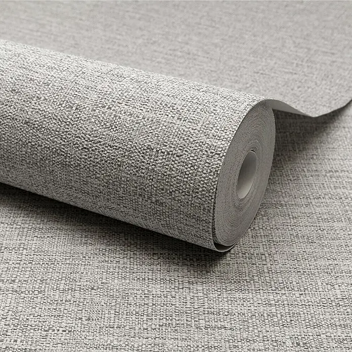 Papel pintado Liso texturado - Gris, 10 x 0,53 m - Un patrón enrollado de material de papel pintado gris texturizado, que ofrece una textura natural y elegante para la decoración de paredes.