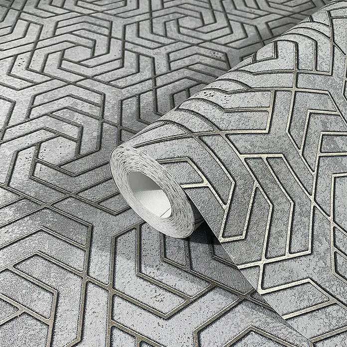 Papel pintado Geométrico - Gris, 10 x 0,53 m - Primer plano de un rollo de papel tapiz geométrico gris con un patrón en relieve, resaltando la textura y el diseño.