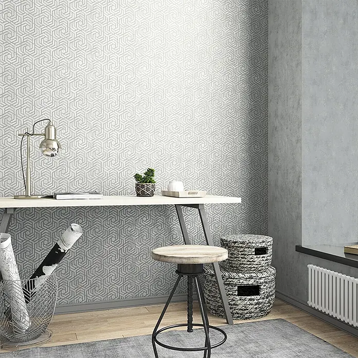 Papel pintado Geométrico - Gris, 10 x 0,53 m - Un espacio de trabajo elegante con un papel pintado geométrico, un escritorio minimalista y un taburete moderno, creando un ambiente inspirador.