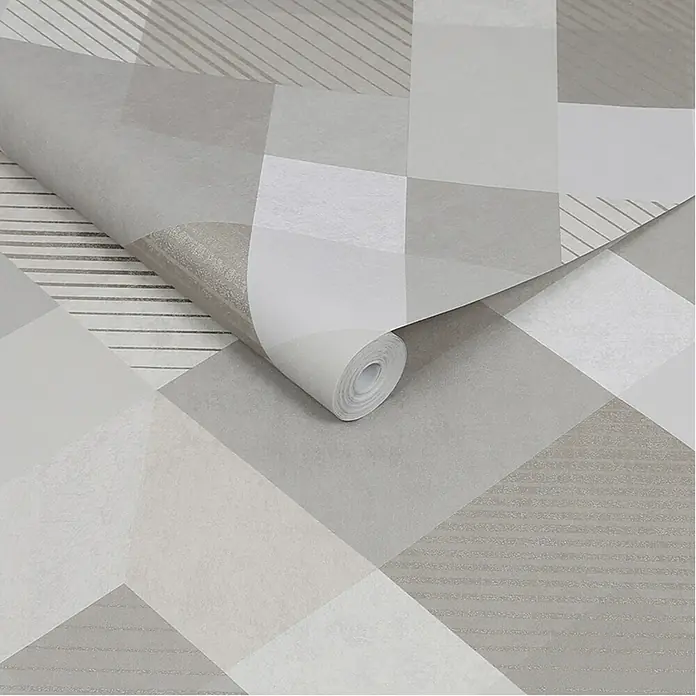 Papel pintado Geométrico rombos - Gris, 10 x 0,53 m - Primer plano de un rollo de papel tapiz geométrico gris, que muestra un patrón repetitivo de cuadrados y líneas.
