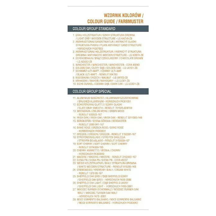 Solid Elements Farbfächer - Passend für: Solid Elements Wohnraumfenstersortiment - Farbmuster mit Standard- und Spezialgruppen, listet Farbnamen in mehreren Sprachen und Produktcodes auf.