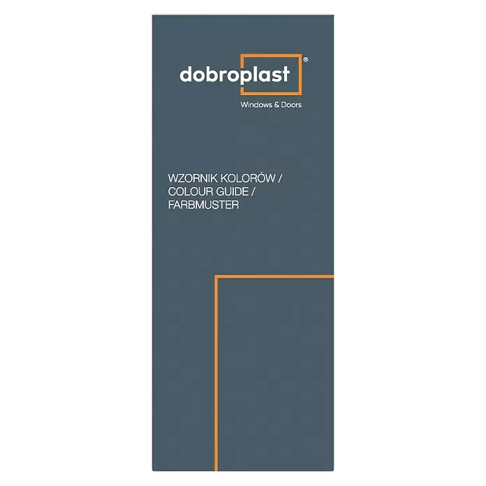 Solid Elements Farbfächer - Passend für: Solid Elements Wohnraumfenstersortiment - dobroplast Windows & Doors Farbmuster-Einband. Dunkelgraublau mit weißem Text und orangefarbenen Akzenten.