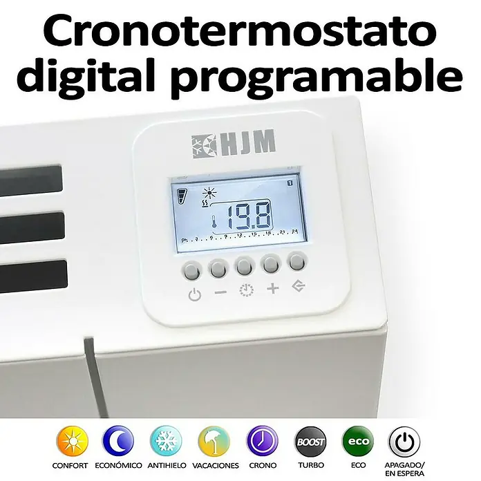 HJM Emisor térmico Ava - 500 W, Blanco, 7,5 x 33,5 x 50 cm, Seco - Imagen de un cronotermostato digital programable para el control de la calefacción, combinando eficiencia energética y confort.