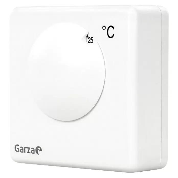 Garza Termostato analógico - Programador mecánico - Termostato cuadrado blanco con dial circular ajustado a 25°C y el logo de Garza.