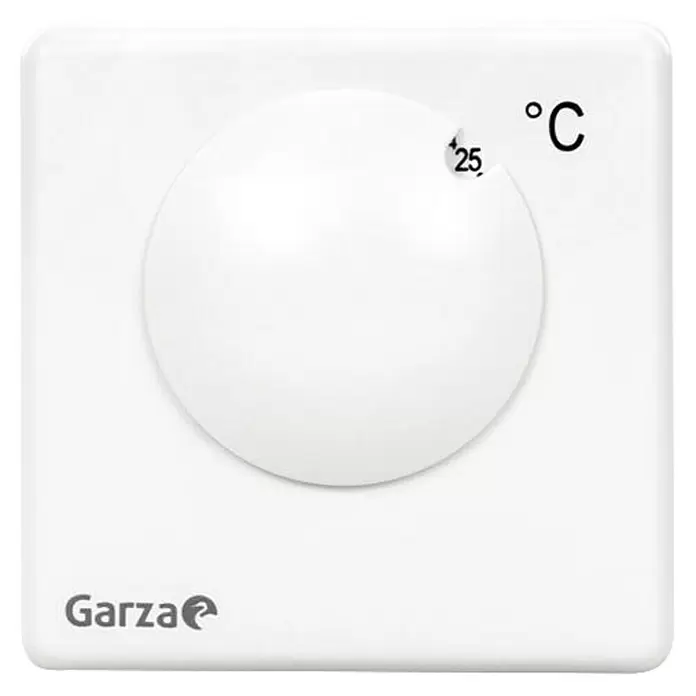 Garza Termostato analógico - Programador mecánico - Termostato cuadrado de plástico blanco con dial giratorio central ajustado a 25°C, logo 'Garza'.
