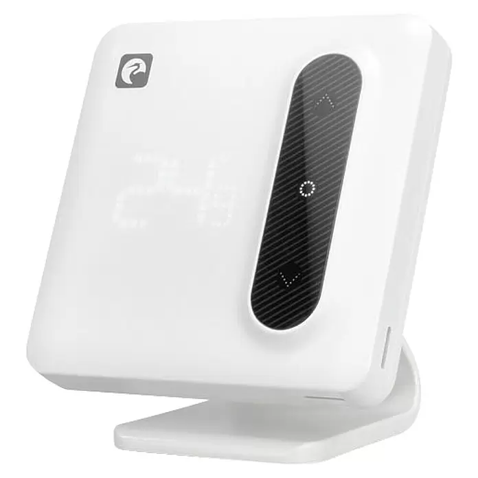 Garza Termostato inalámbrico Smart Aspen - Blanco - Termostato inteligente blanco con pantalla digital '24.9' y tira de control táctil negra con flechas y botón central.