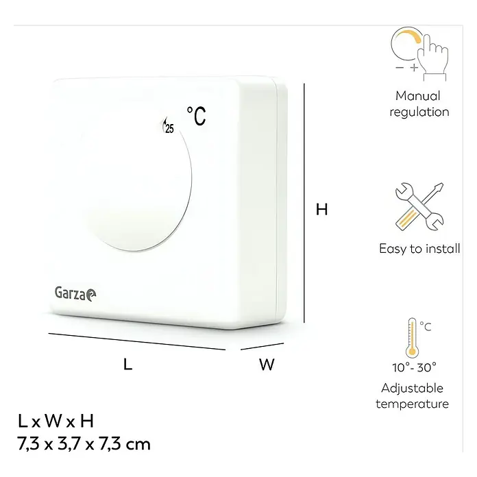 Garza Termostato analógico - Programador mecánico - Imagen de un termostato Garza con dimensiones de 7,3 x 3,7 x 7,3 cm, fácil de instalar y ajustable manualmente para la regulación de la temperatura.