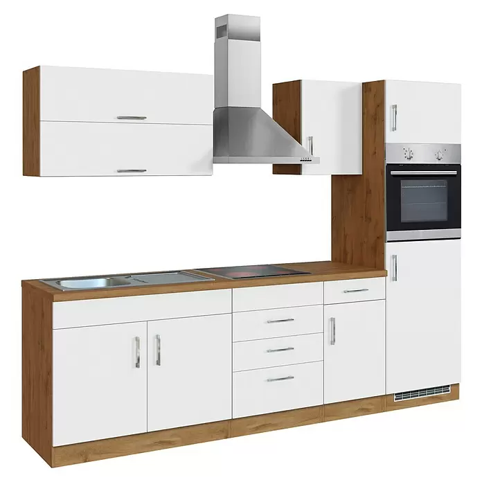 Held Möbel Küchenzeile Barolo Typ 7 - Breite: 270 cm, Farbe Front: Weiß, Wotaneiche, Mit Elektrogeräten - Moderne Küchenzeile mit weißen Schränken, hellen Holzakzenten, Edelstahlspüle, Backofen und Dunstabzugshaube.