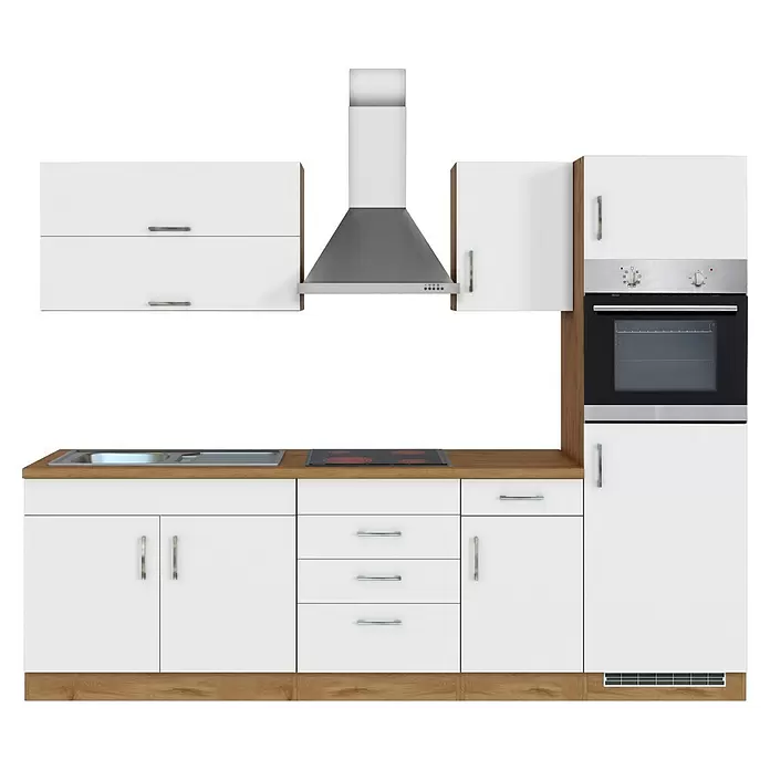 Held Möbel Küchenzeile Barolo Typ 7 - Breite: 270 cm, Farbe Front: Weiß, Wotaneiche, Mit Elektrogeräten - Weiße Modulküche mit Holzplatte, integrierter Spüle, Kochfeld, Backofen und Dunstabzugshaube aus Edelstahl.