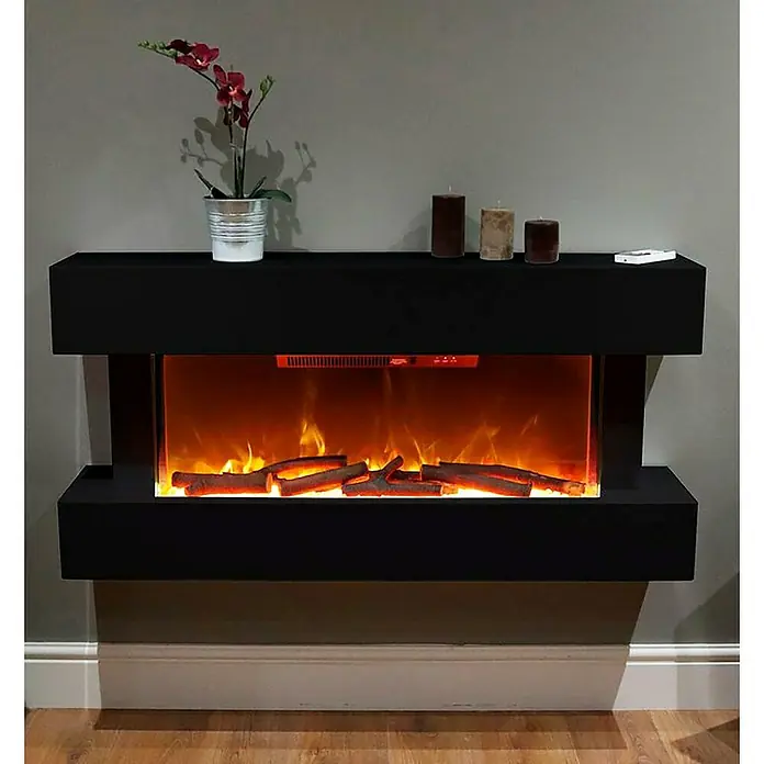 Focalpoint Chimenea eléctrica Ashford Wall Suite - Negro, 2.000 W, 26,5 x 122 x 60 cm - Primer plano de una elegante chimenea eléctrica negra, con llamas realistas y elementos decorativos.