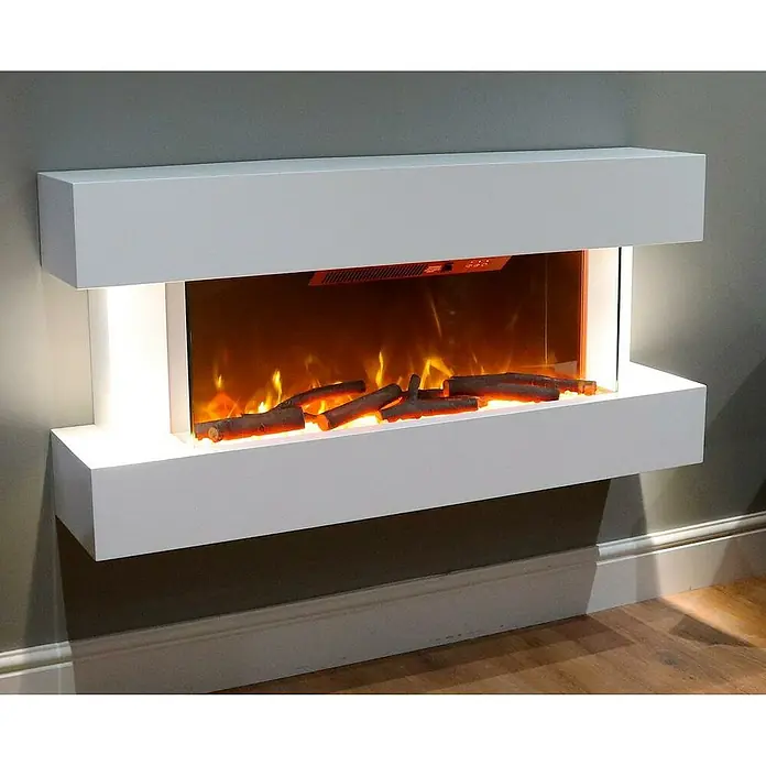 Focalpoint Chimenea eléctrica Ashford Wall Suite - Blanco, 2.000 W, 26,5 x 122 x 60 cm - Elegante chimenea de pared blanca con llamas realistas y decoración de troncos, creando un ambiente acogedor. Perfecto para espacios modernos.