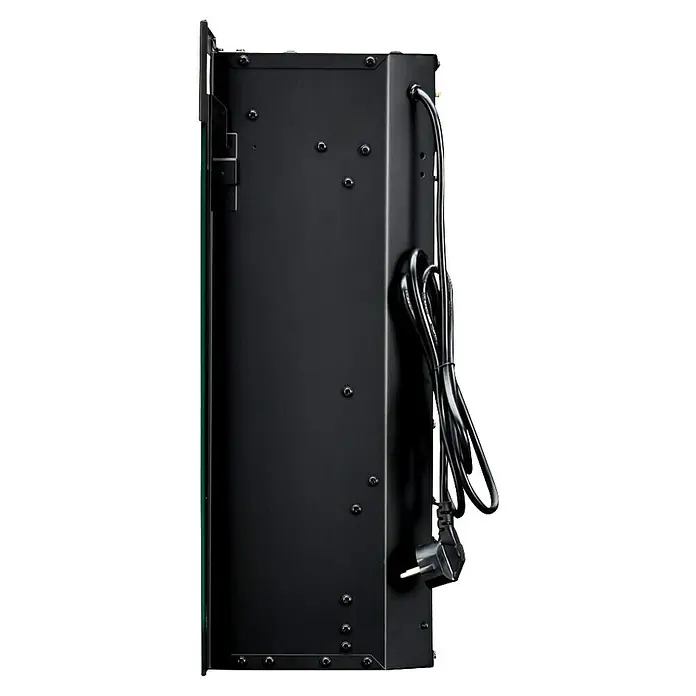 Dimplex Chimenea eléctrica Optiflame - Negro, 1.400 W, L x An x Al: 18 x 58,4 x 51,9 cm - Primer plano de un bastidor de servidor negro con un cable de alimentación. Ideal para infraestructura de TI o soluciones de almacenamiento de datos.