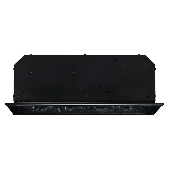 Dimplex Chimenea eléctrica Optiflame - Negro, 1.400 W, L x An x Al: 18 x 58,4 x 51,9 cm - Primer plano de la parte inferior de un objeto rectangular negro con múltiples tornillos pequeños y redondos.