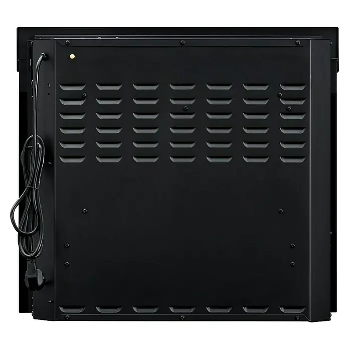 Dimplex Chimenea eléctrica Optiflame - Negro, 1.400 W, L x An x Al: 18 x 58,4 x 51,9 cm - Vista posterior de un horno negro con ventilaciones y un cable de alimentación. El producto presenta un diseño moderno y funcional.