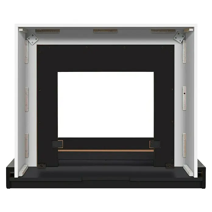 Dimplex Chimenea eléctrica Ravel - Negro, 1.000 W - 2.000 W, L x An x Al: 25,5 x 65 x 70 cm - Vista interior de un revestimiento de chimenea blanco con marco negro y centro blanco. Hay fijaciones visibles.