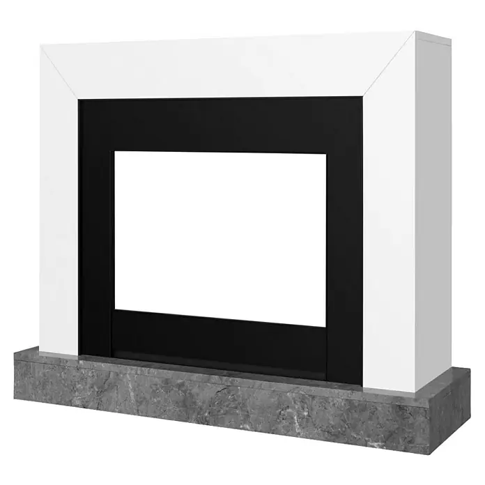 Dimplex Chimenea eléctrica Ravel - Negro, 1.000 W - 2.000 W, L x An x Al: 25,5 x 65 x 70 cm - Una chimenea eléctrica moderna con marco blanco e interior negro, montada sobre una base de mármol gris.
