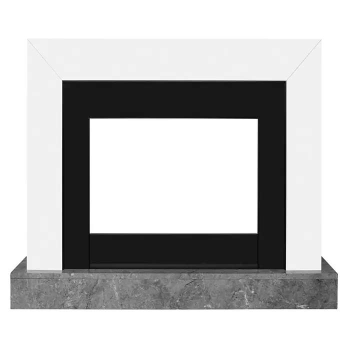 Dimplex Chimenea eléctrica Ravel - Negro, 1.000 W - 2.000 W, L x An x Al: 25,5 x 65 x 70 cm - Imagen de una chimenea moderna con marco blanco, borde negro y base de mármol gris, que crea un ambiente elegante y contemporáneo.