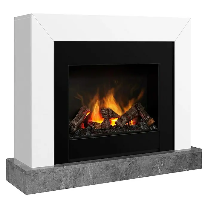 Dimplex Chimenea eléctrica Ravel - Negro, 1.000 W - 2.000 W, L x An x Al: 25,5 x 65 x 70 cm - Primer plano de una chimenea eléctrica moderna con marco blanco, llamas simuladas y base de mármol gris.