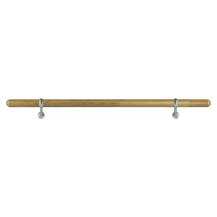 Treba Frewa Handlauf-Set H22 - Eiche, Versiegelt, Länge: 1.500 mm, Kugelringhalter Edelstahloptik - Hellbraune Holzstange mit zwei silbernen Metall-Hängehaken.