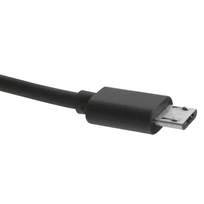 Kodak Cargador rápido KODUC104 - 1 x Micro USB - Primer plano de un cable micro USB con cable y conector negros, ideal para teléfonos inteligentes y tabletas.