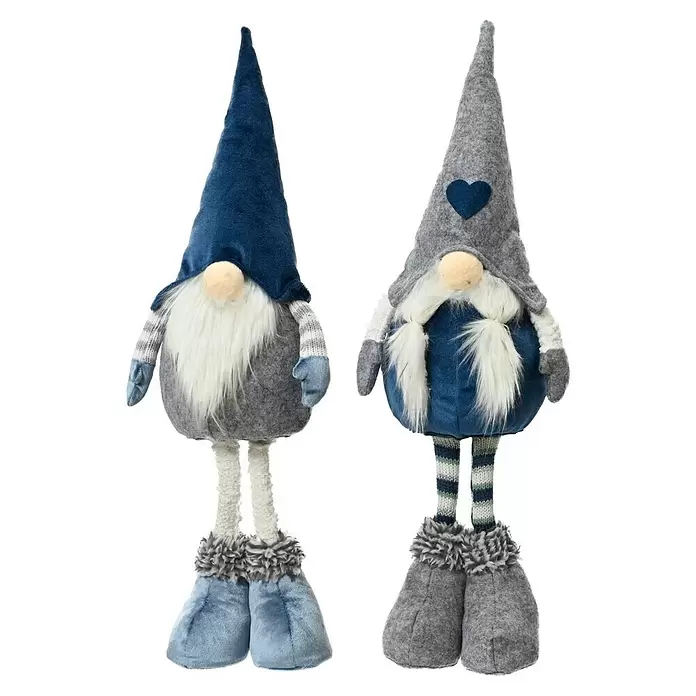 Gnomo de navidad - L x An x Al: 14 x 12 x 50 cm, Poliéster - Dos gnomos de peluche, uno con sombrero azul y cuerpo gris, el otro con sombrero gris y corazón azul, cuerpo azul. Ambos tienen barbas blancas.