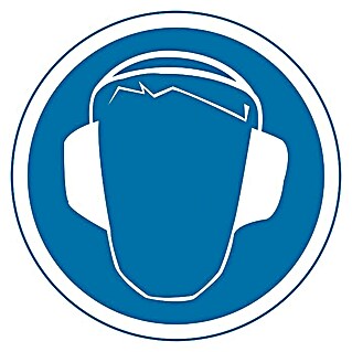 Cartel (Azul/Blanco, Uso obligatorio de protección auditiva, 10,5 x 10,5 cm)