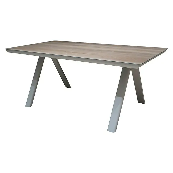 Gartentisch - Aluminium, Natural Warm Grey, B x L: 96 x 235 cm - Ein moderner rechteckiger Tisch mit einer hellen Holzplatte und einem grauen Rahmen und Beinen, ideal für ein stilvolles Büro oder Zuhause.