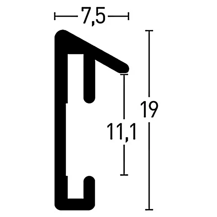 Nielsen Alurahmen Pixel - 60 x 80 cm, Tornadorot - Profilansicht mit Maßen. Die Abmessungen des schwarzen Profils sind mit 7,5, 19 und 11,1 angegeben, um Design und Montage zu erleichtern.