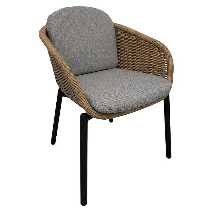 Sunfun Gartenmöbel-Set Melina - 5 -tlg., Akazie/Aluminium/Polyester, Black Washed/Braun - Dieser Stuhl besticht durch sein geflochtenes Design und die bequemen grauen Polster, ideal für stilvolle Entspannung im Freien.