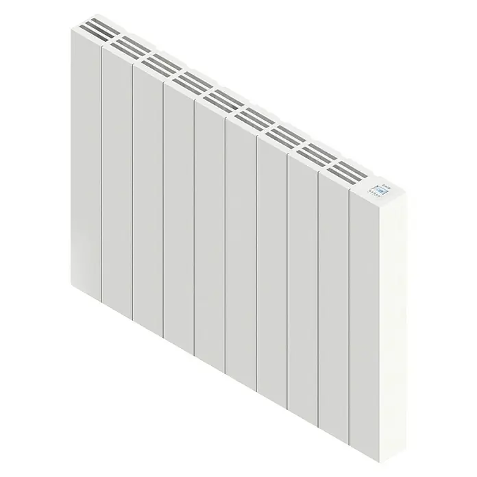 HJM Emisor térmico Ava - 2.000 W, Blanco, 7,5 x 84,4 x 50 cm, Seco - Imagen de un radiador blanco con múltiples aletas y una pequeña pantalla para el control de la temperatura.