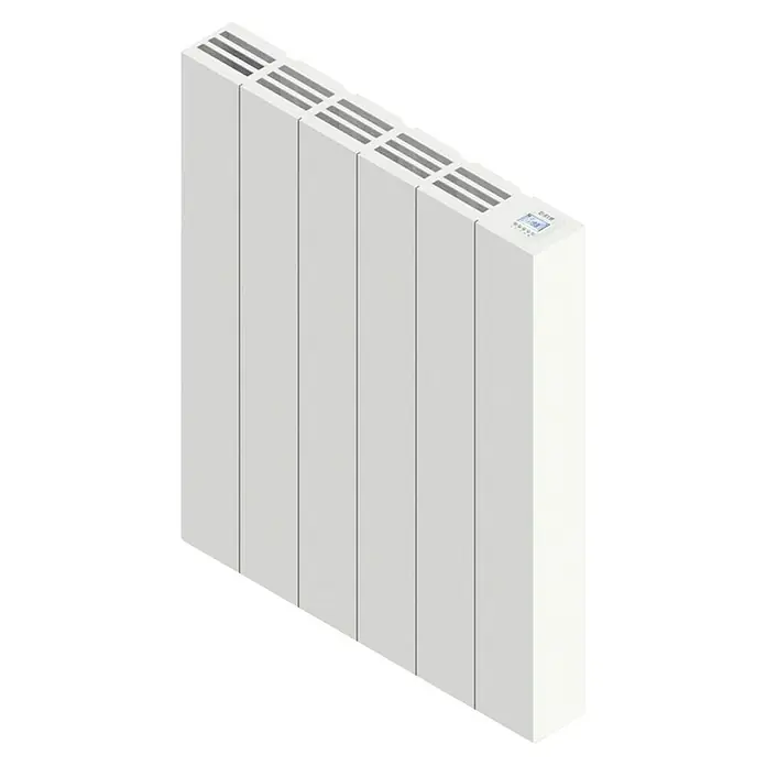 HJM Emisor térmico Ava - 1.000 W, Blanco, 7,5 x 50,4 x 50 cm, Seco - Primer plano de un calentador blanco con pantalla digital y rejillas de ventilación. El diseño moderno encaja bien en cualquier habitación.