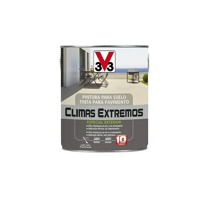 V33 Pintura para suelos Climas extremos - Blanco, 2,5 l, Satinado - Imagen de un bote de pintura para suelos V33, especialmente indicada para exteriores y condiciones climáticas extremas.