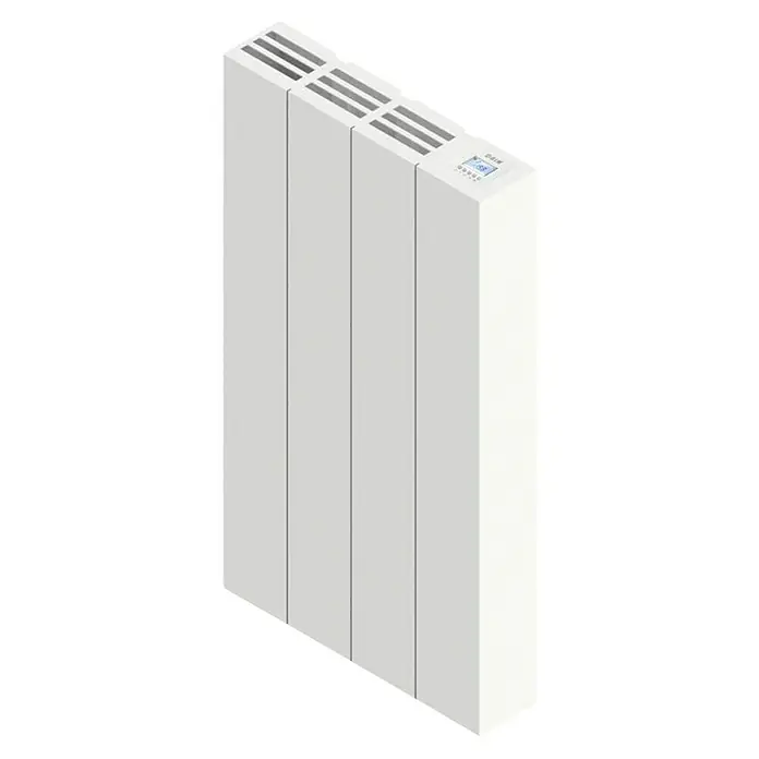 HJM Emisor térmico Ava - 500 W, Blanco, 7,5 x 33,5 x 50 cm, Seco - Imagen de un radiador modular blanco con pantalla digital, ideal para espacios modernos y una distribución eficiente del calor.