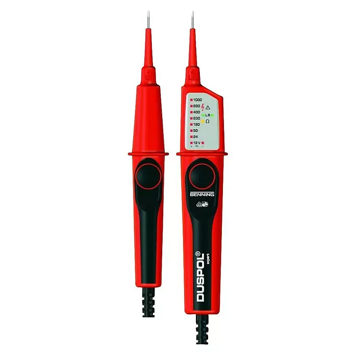 Benning Spannungsprüfer Duspol Expert - Messbereich Frequenz: 1 Hz - 1.000 Hz, Schutzart: IP65 - Roter und schwarzer zweipoliger Spannungsprüfer mit Metallspitzen, der Spannungspegel (12V-1000V) und Durchgang anzeigt.