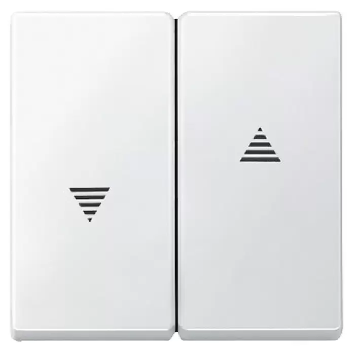 Merten System M Jalousiewippe 435519 - Polarweiß matt, Kunststoff - Zwei weiße Schalter mit Auf- und Ab-Pfeilsymbolen, wahrscheinlich für Jalousien oder Rollläden.