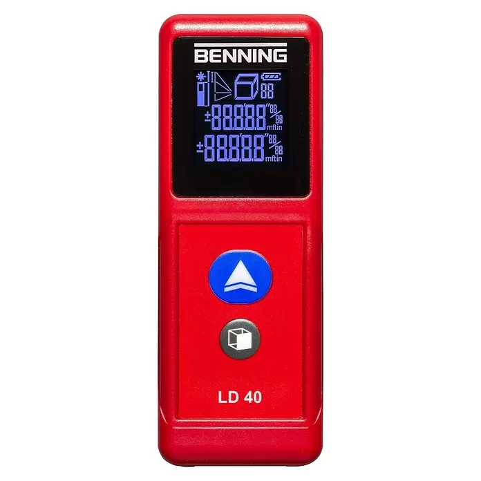 Benning Laserentfernungsmesser LD 40 - Reichweite ca.: 40 m - Rotes Benning LD 40 Laser-Entfernungsmessgerät mit Digitalanzeige für Messwerte und zwei Bedientasten.