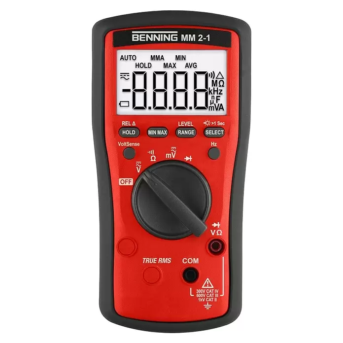 Benning Digital-Multimeter MM 2-1 - Messbereich Wechselspannung: 0,1 V - 750 V - Rotes und schwarzes BENNING MM 2-1 Multimeter mit Digitalanzeige, Drehschalter und Messeingängen.