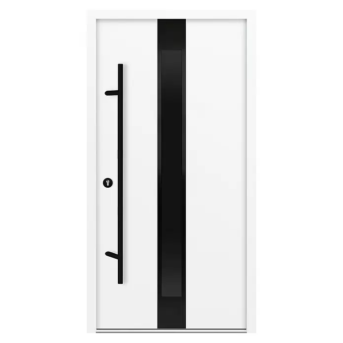 FM Türen Haustür AS68-25 - 110 x 210 cm, DIN Anschlag: Links, Weiß - Moderne weiße Tür mit schwarzem Vertikalpaneel und schwarzem Stangengriff.