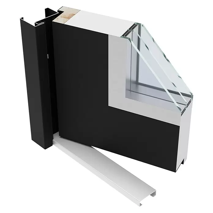 FM Türen Nebeneingangstür N68-01 - 100 x 200 cm, DIN Anschlag: Rechts, Anthrazit - Schnittbild eines schwarzen und weißen dreifach verglasten Tür- oder Fensterrahmens mit Holzkern und Metallschwelle.