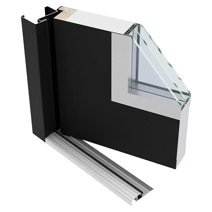 FM Türen Nebeneingangstür NBT56-02 - 110 x 210 cm, DIN Anschlag: Rechts, Anthrazit - Querschnitt eines schwarzen Fenster-/Türprofils mit Doppelverglasung, Holz, weißer Isolierung und Aluminiumschiene.