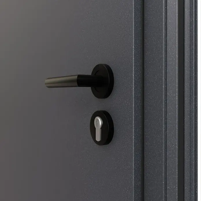 FM Türen Haustür AS68-20 - 110 x 210 cm, DIN Anschlag: Links, Anthrazit - Nahaufnahme einer grauen Tür mit einem eleganten, schwarzen Türgriff und Schloss. Fokus liegt auf dem modernen Design und der Sicherheit.