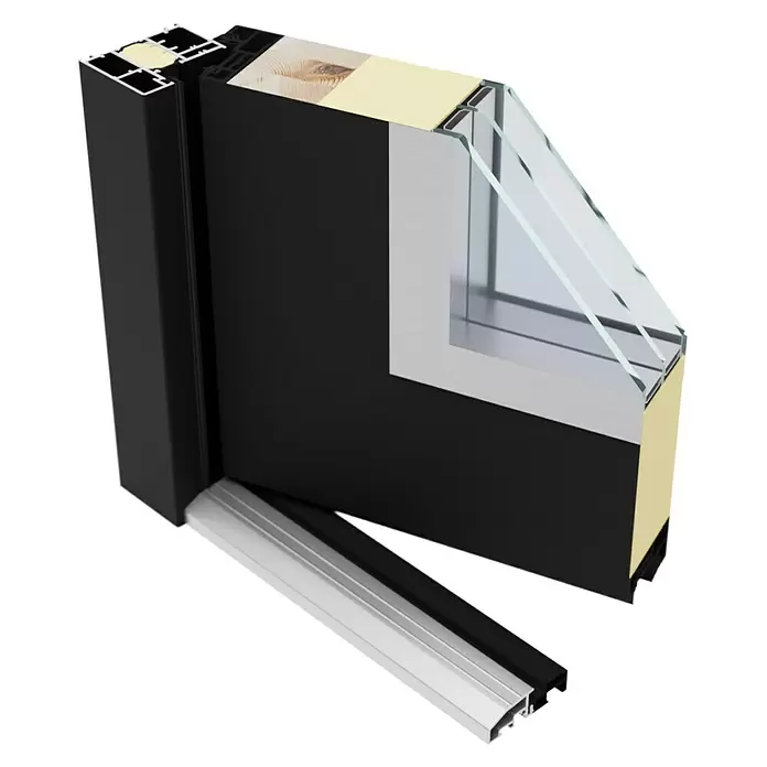 FM Türen Haustür AS68-05 - 110 x 210 cm, DIN Anschlag: Rechts, Anthrazit - Querschnitt eines schwarzen isolierten Fenster-/Türprofils mit Dreifachverglasung, Aluminiumrahmen, Holz und silberner Schwelle.